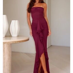 White Fox Still Got It Burgundy Mesh Strapless Dress